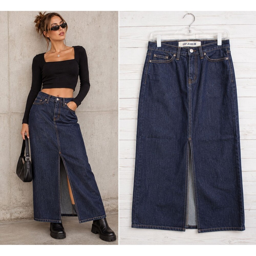 GAP Jeans Denim Maxi Skirt Size 4 Dark Wash Front Slit Y2K 2007 Vintage